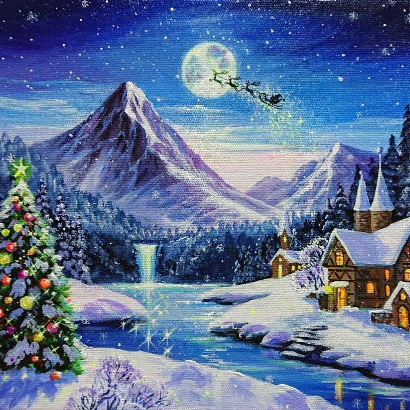 【Christmas③】アクリル画 F3 風景画 絵画