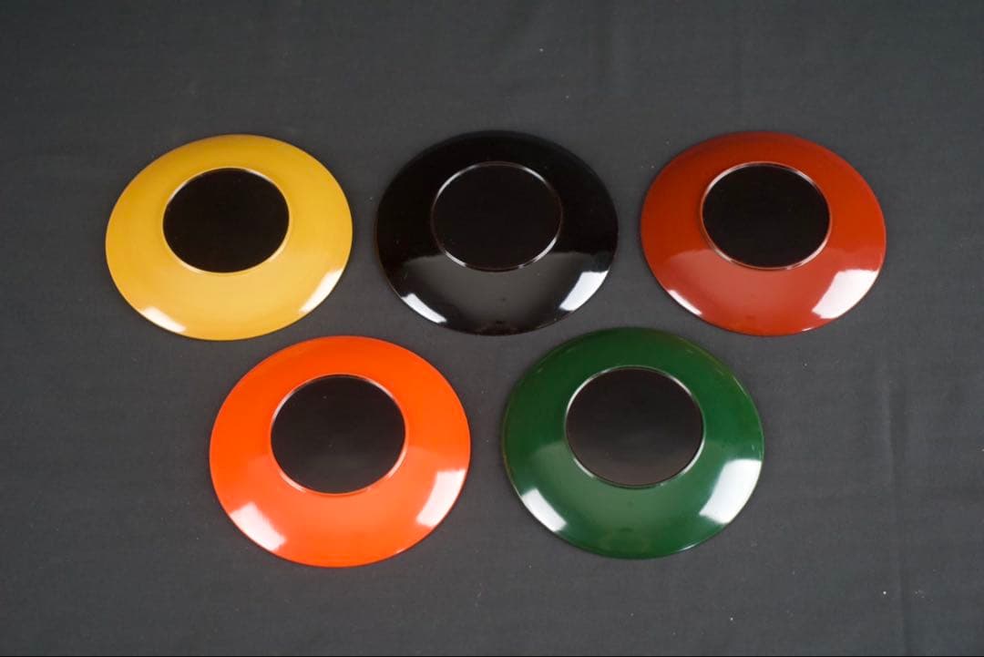 大丸特製 御菓子 銘々皿 5客 共箱 草花文 木製漆器 5色皿