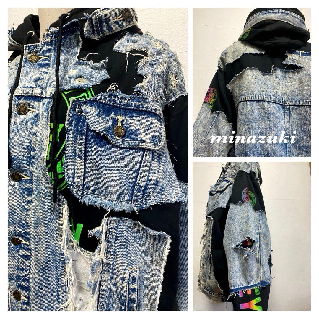 【信用第一】 リメイク デニムパッチワークＸパーカー ジャケット 不規則パズル柄 SIZE アイテム別