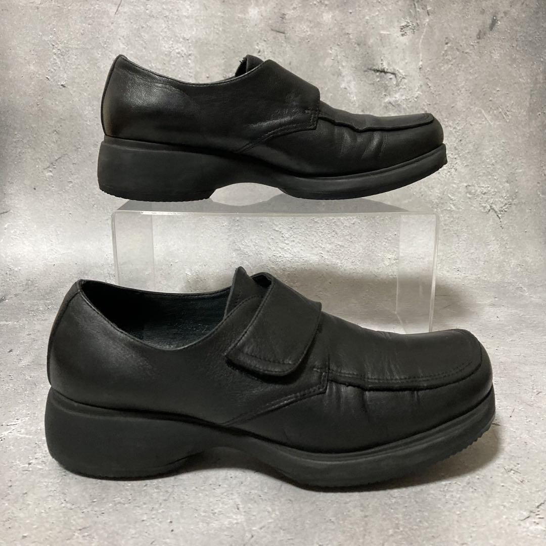 プラダ PRADA (37) 革靴 レザーローファー ベルクロ 厚底 黒