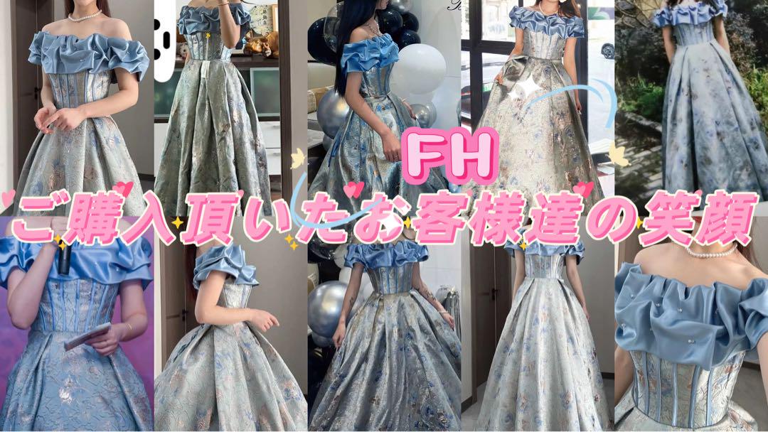 花柄オフショルダーサテンカラードレス