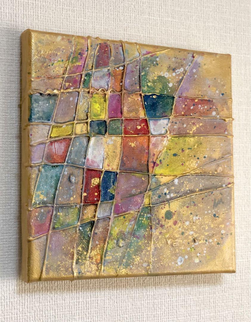 アクリル画 ひかる。金の遊 S0号キャンバス 小さなアート 真四角