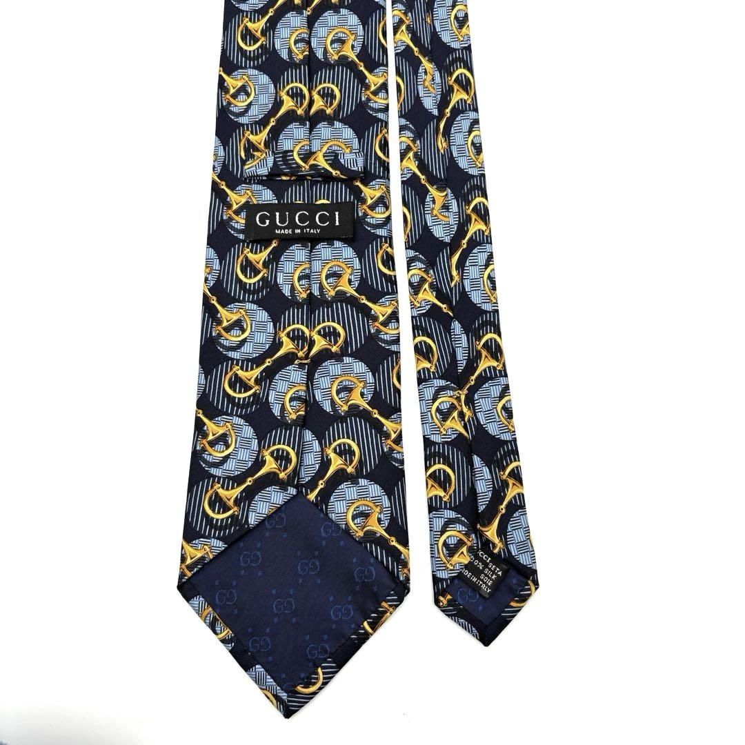 GUCCI グッチ ネクタイ　シルク ホースビット ワイド ゴールド ネイビー