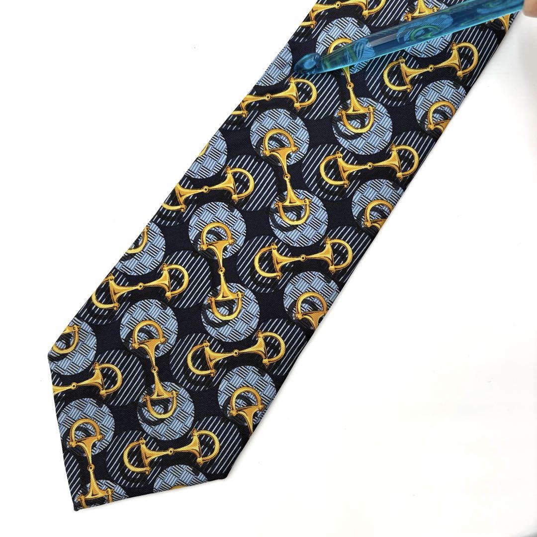 GUCCI グッチ ネクタイ　シルク ホースビット ワイド ゴールド ネイビー