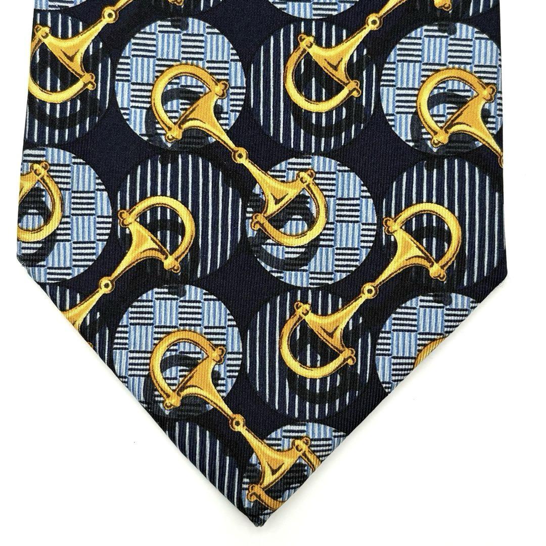GUCCI グッチ ネクタイ　シルク ホースビット ワイド ゴールド ネイビー