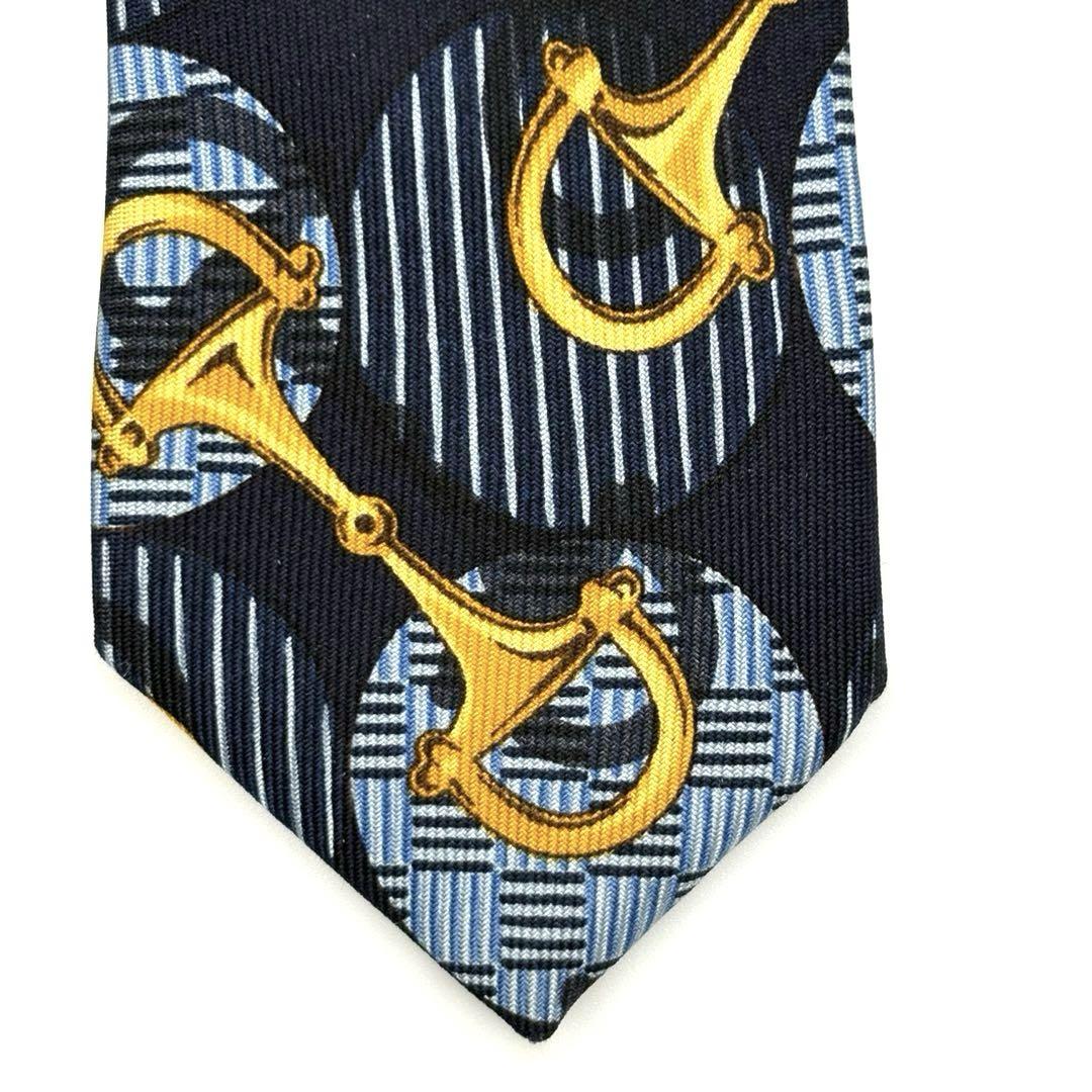 GUCCI グッチ ネクタイ　シルク ホースビット ワイド ゴールド ネイビー