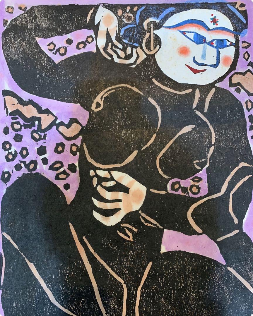 棟方志功 木版画 落款 直筆サイン 裏彩色 模写　木版画　直サイン、落款有り