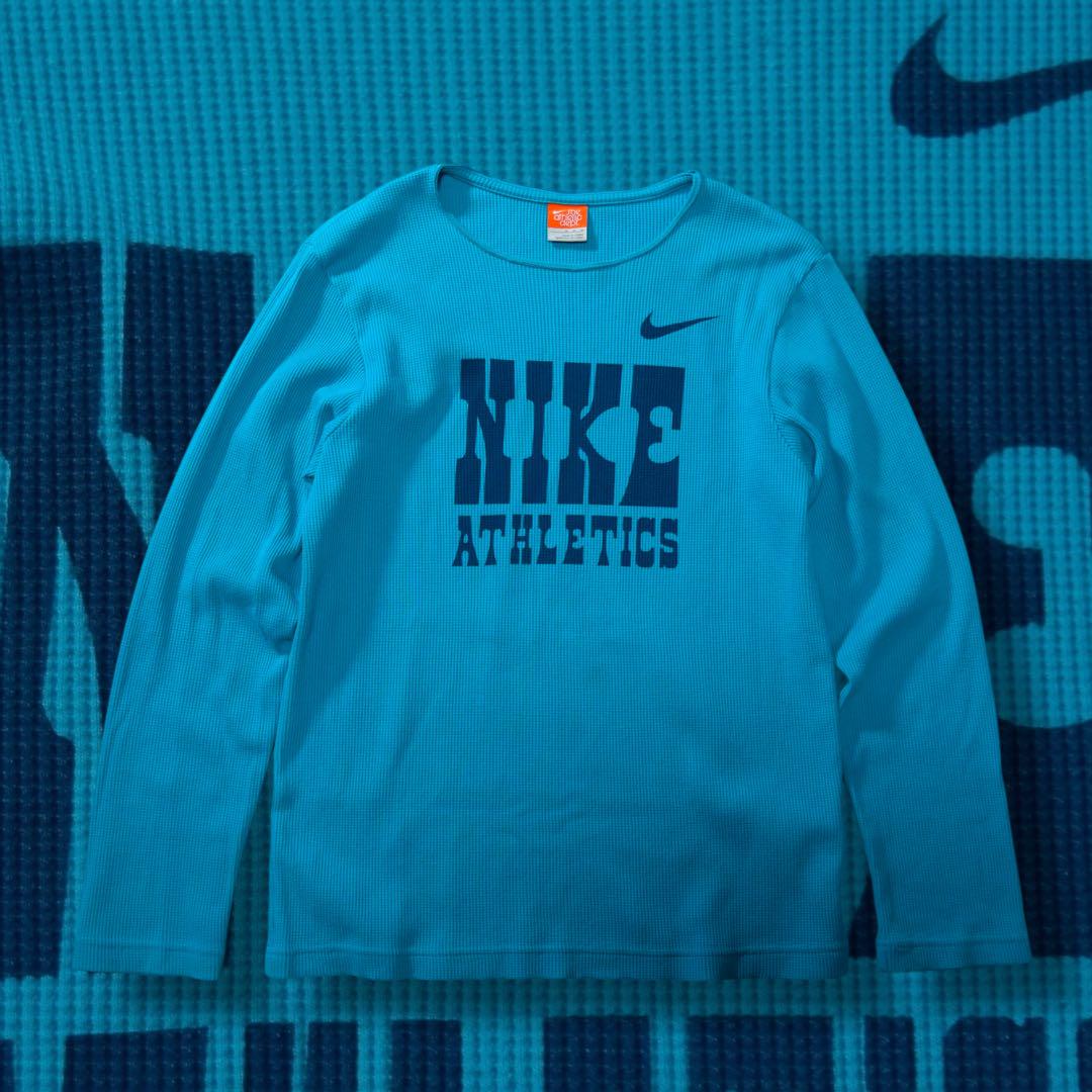 【rare】00s NIKE サーマルロンT ワッフル ライトブルー ビッグロゴ