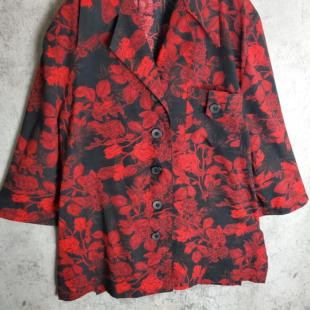 【ヴィンテージ】古着 オープンカラー 七分袖 総柄 花柄 黒 赤 一点物 レトロ