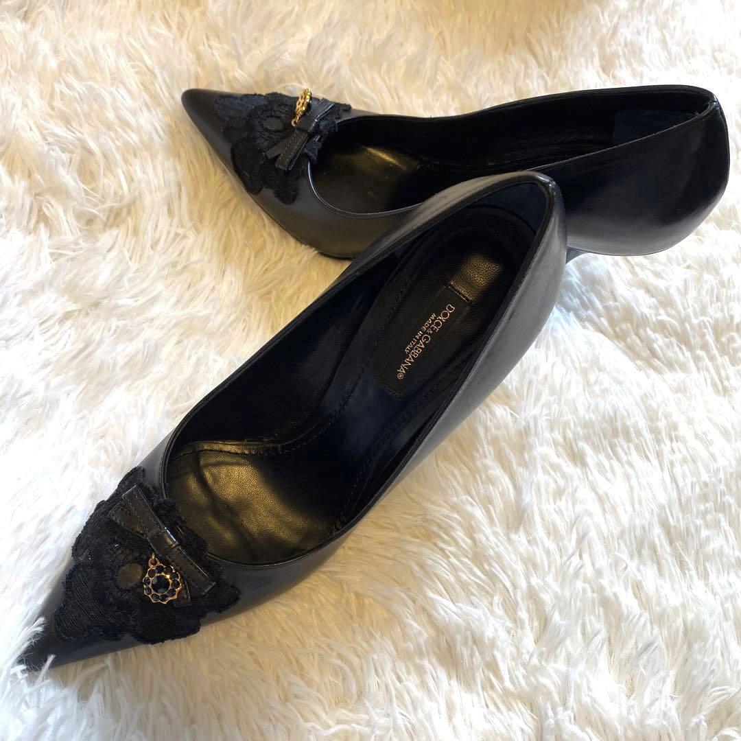 【ドルチェ&ガッパーナ】パンプス  ヒール　リボン　チャーム　ブラック 14,900円