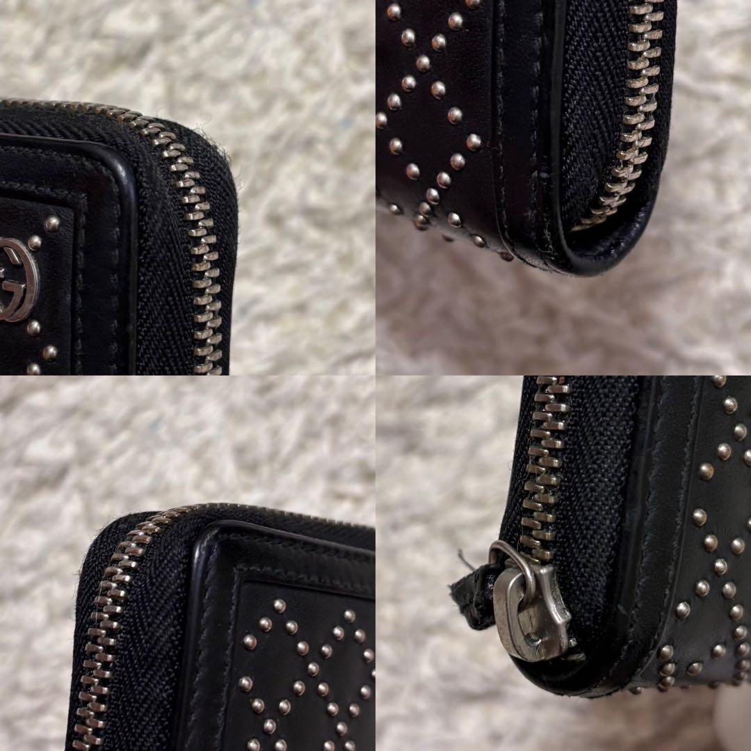 【美品】GUCCI 長財布 ラウンドジップ インターロッキング スタッズ 黒