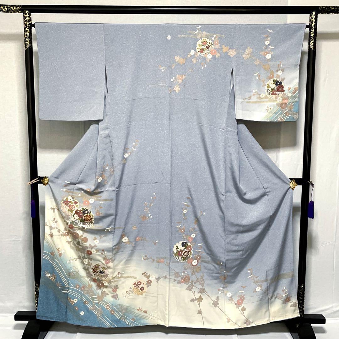 D107 訪問着 雪輪 菊 波 ブルー系 一つ紋 正絹 着物 袷 極美品