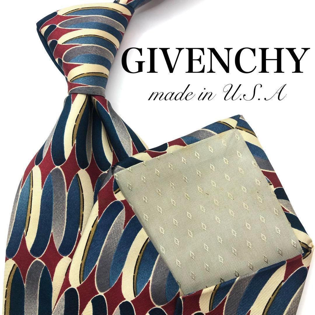 【美品】GIVENCHY ネクタイ 幾何学模様 総柄 パターン レッド グレー