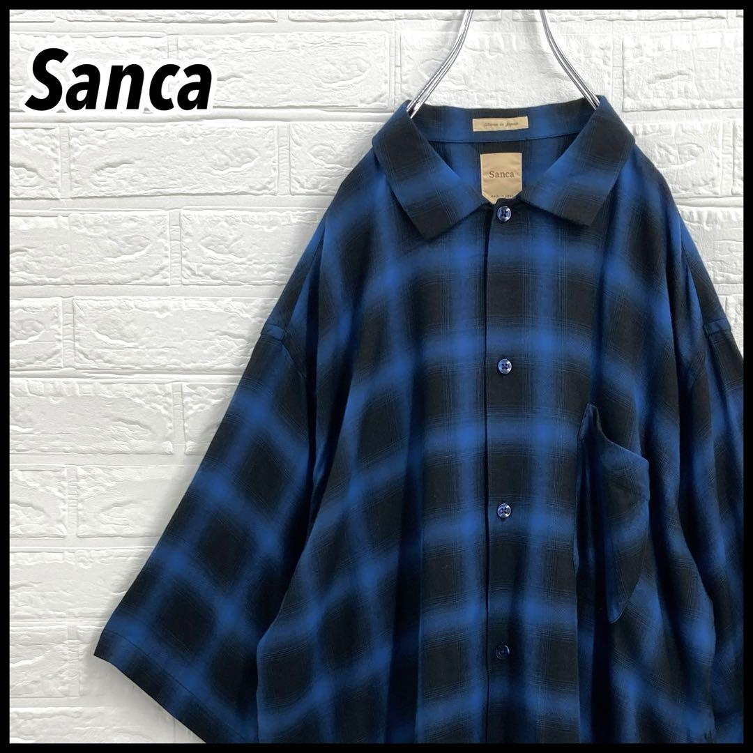 SANCA サンカ オーバーサイズ オンブレチェック 半袖 ネルシャツ 3 紺黒トップス