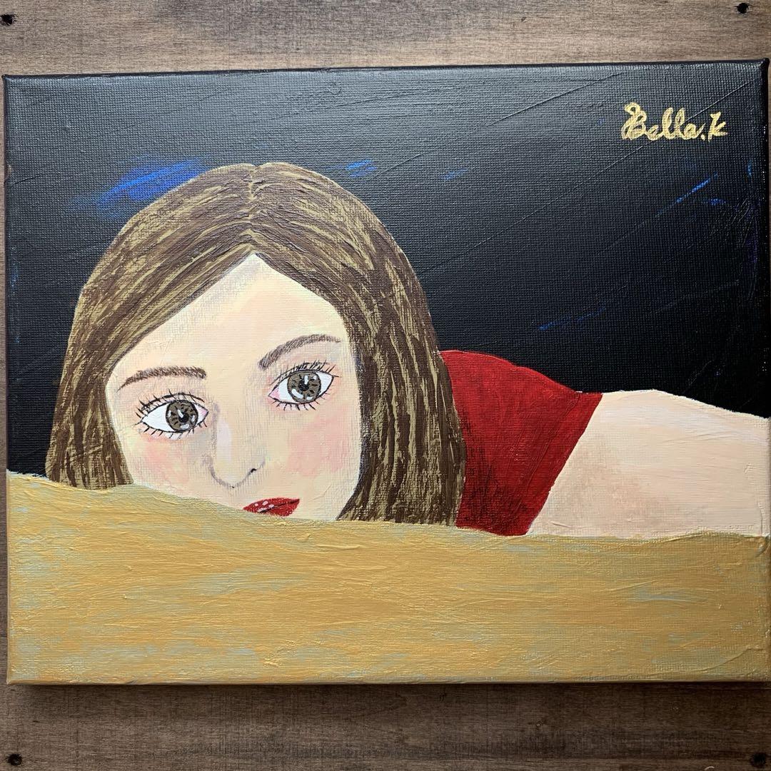 【アクリル画】金のシーツに横たわる少女【絵画】