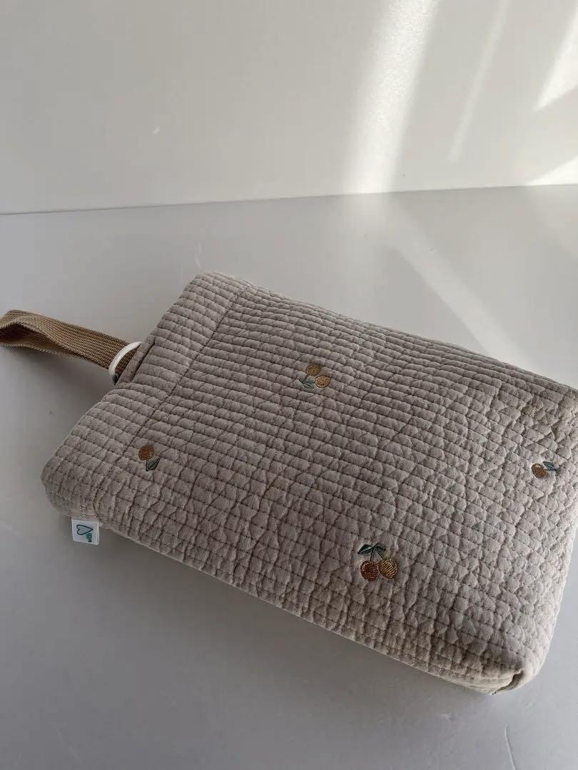 刺繍ヌビ　チェリー/ベージュ レッスンバック 上履き入れ 体操着入れ 3点セット