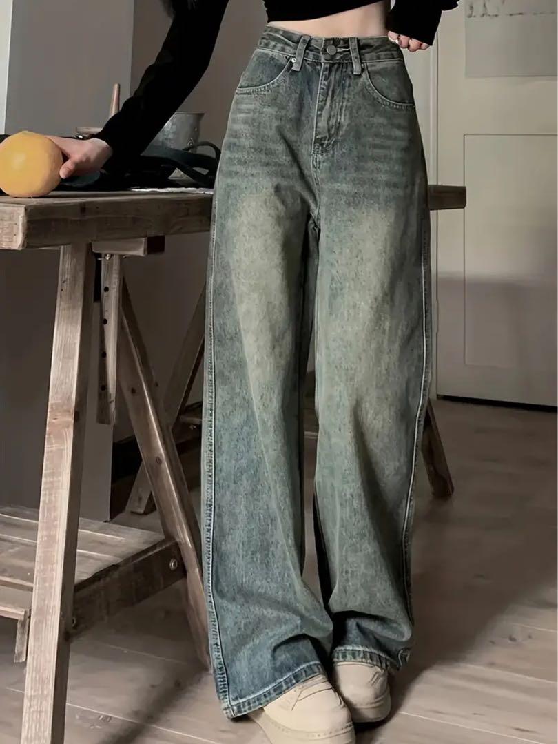 淡い青 ワイドレッグデニムパンツ Asian L