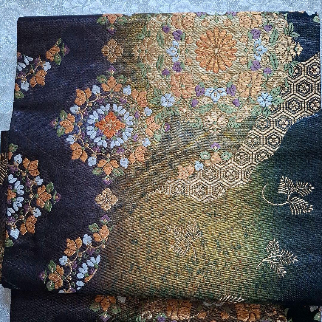 【作り帯】袋帯 二重太鼓 よろけ縞 桜 箔 黒 茜 二部式帯 F026 作り帯】袋帯 二重太鼓 よろけ縞 桜 箔 黒 茜 二部式帯 F026