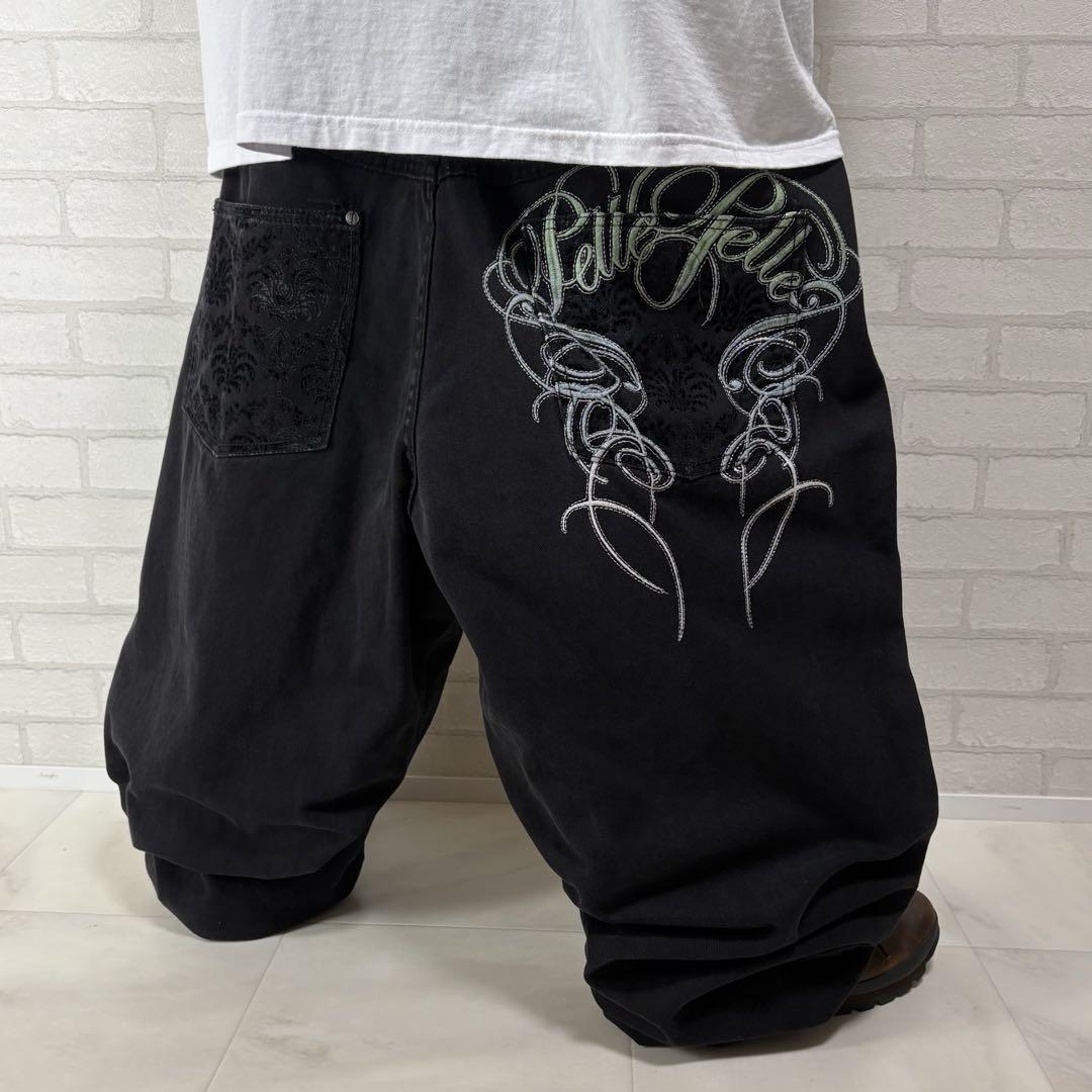 規格外 ペレペレ 刺繍デザイン 超 太 ブラックデニム バギーパンツ w50 黒
