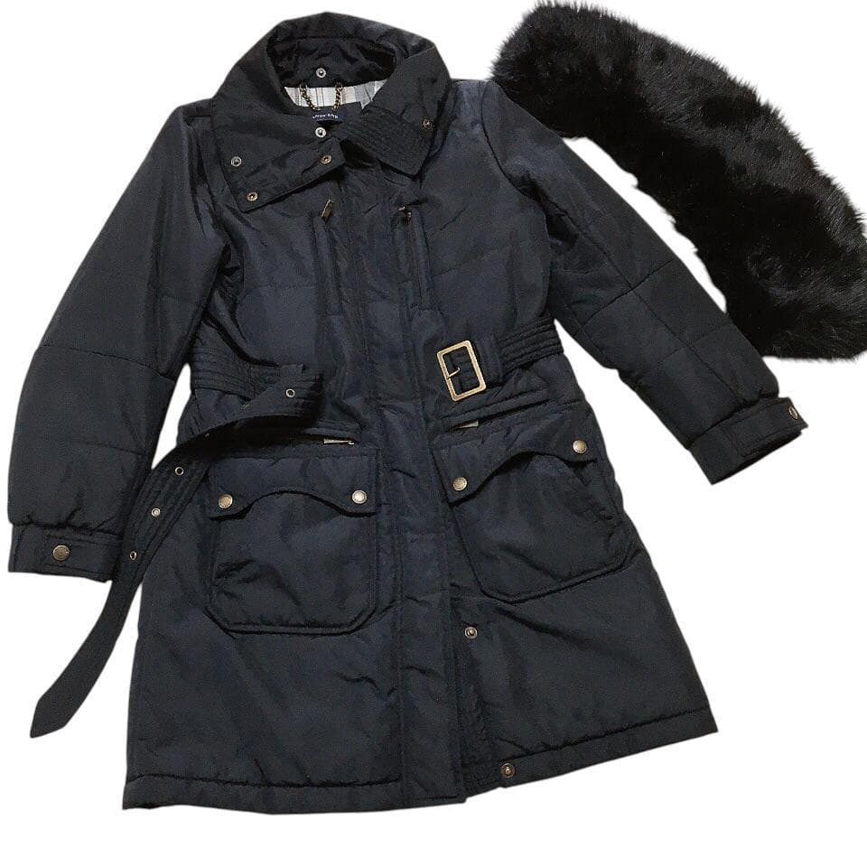 【極美品】ランズエンド ベルト付 中綿ロングコート ファー襟付 チェック柄裏地