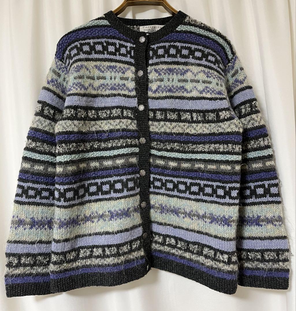 90\'s フェアアイル柄 モヘア混ハンドニットカーディガン