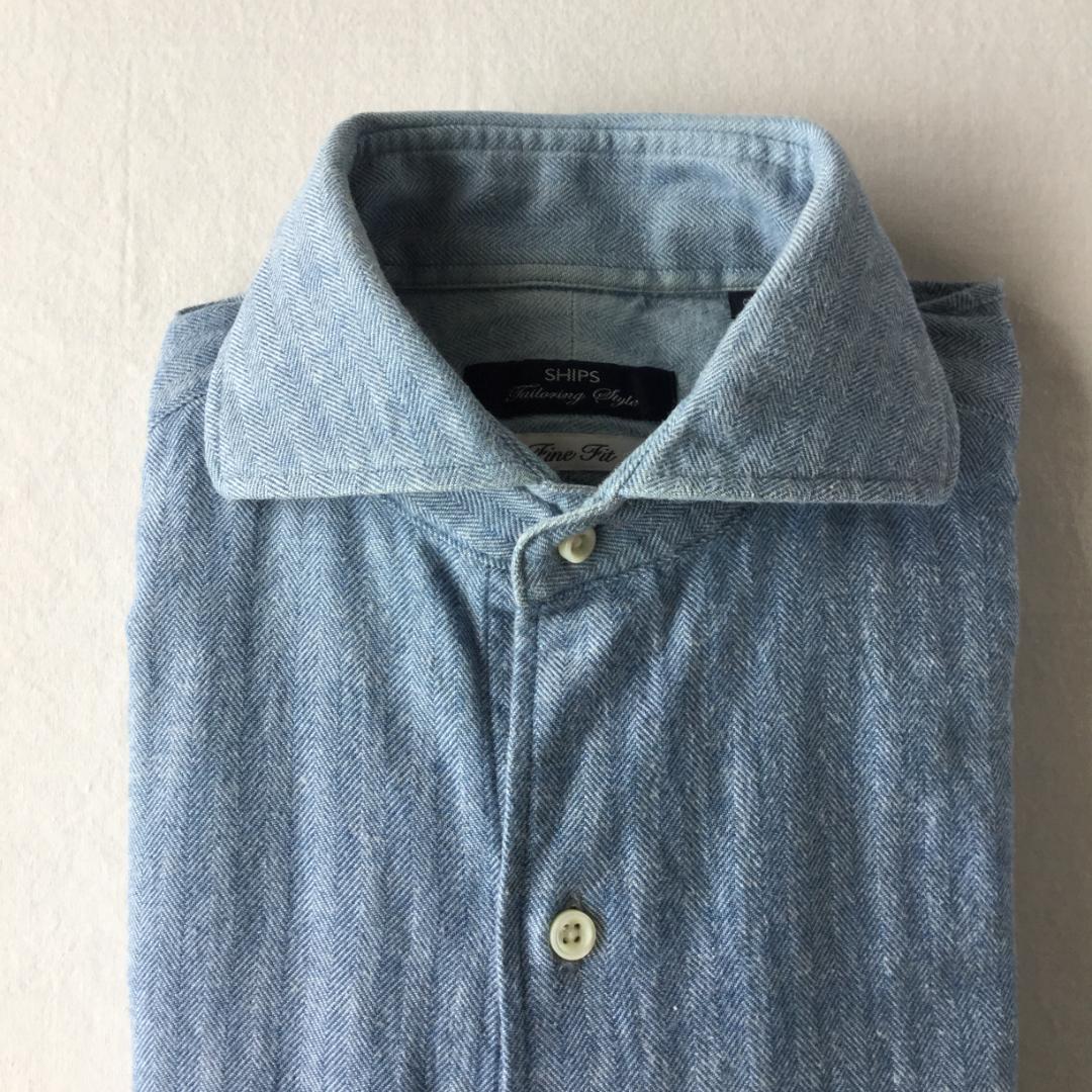 美品 シップス コットンネルシャツ 長袖 S ヘリンボーン サックス