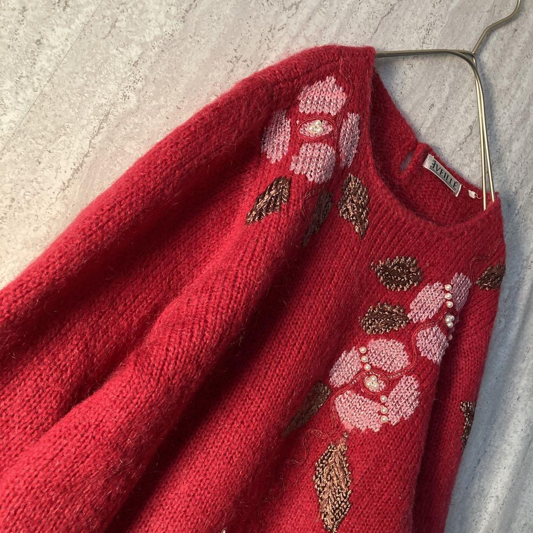 ヴィンテージ ニット モヘア お花 刺繍 レトロ パールビーズ ローズレッド