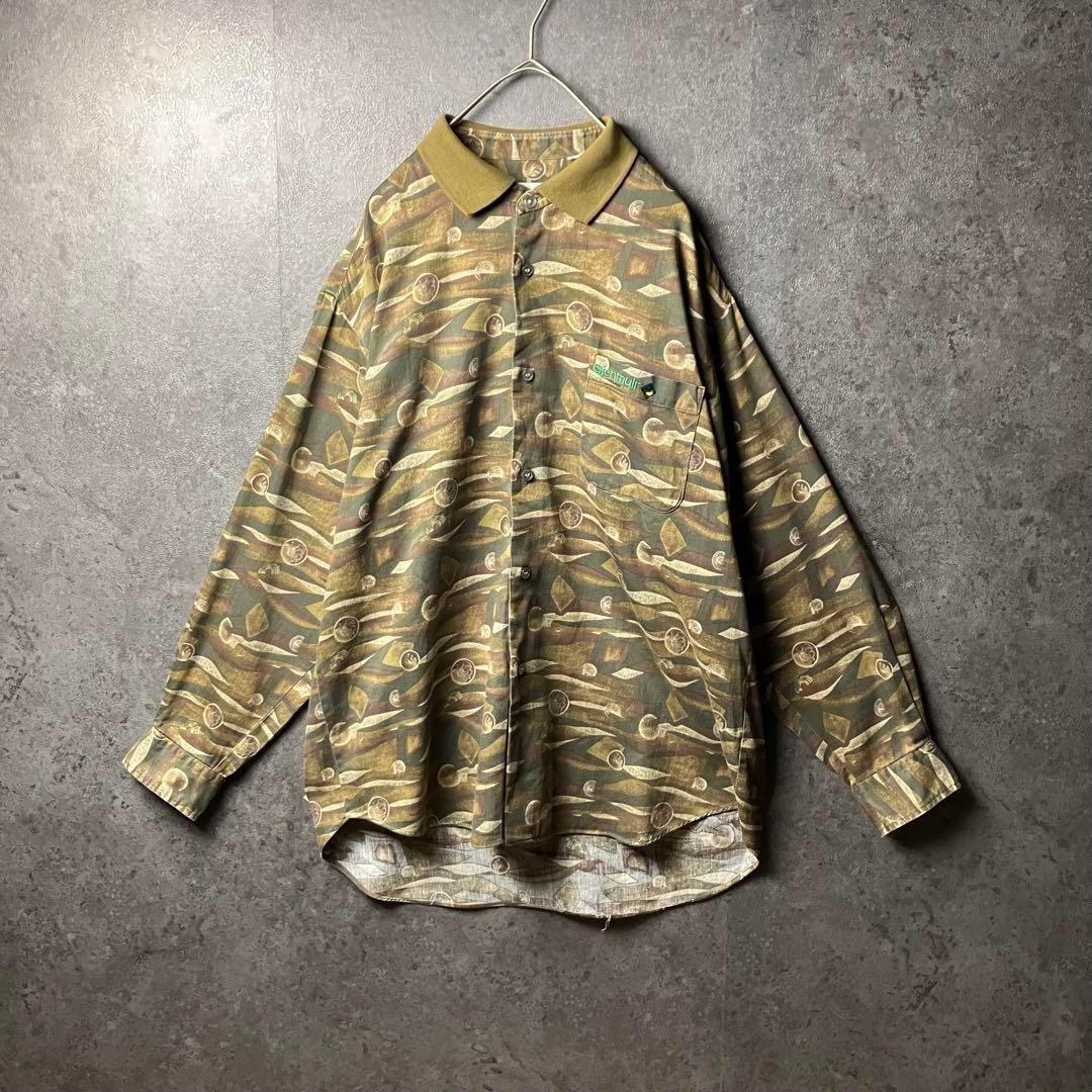 long sleeved shirt 　長袖シャツ　柄シャツ　総柄　緑　古着