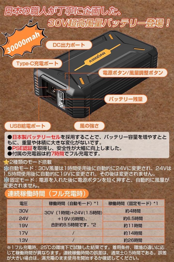 30V 作業服対応 空調作業服 30000mAh ファンバッテリーセット 大容量