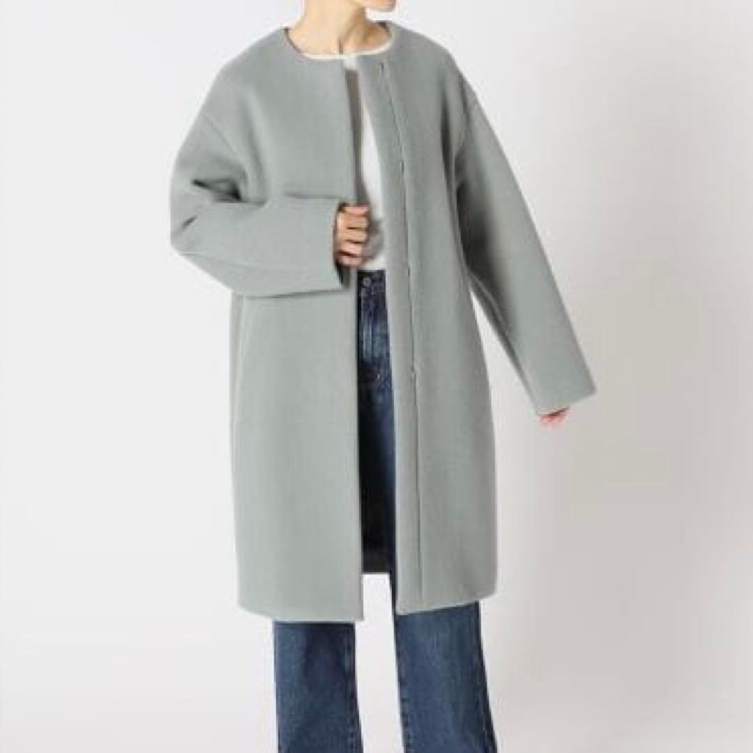 美品✨イエナ ラムウールノーカラーコート 36 サックスブルー フック 22AW 美品✨イエナ ラムウールノーカラーコート 36 サックスブルー フック 22AW