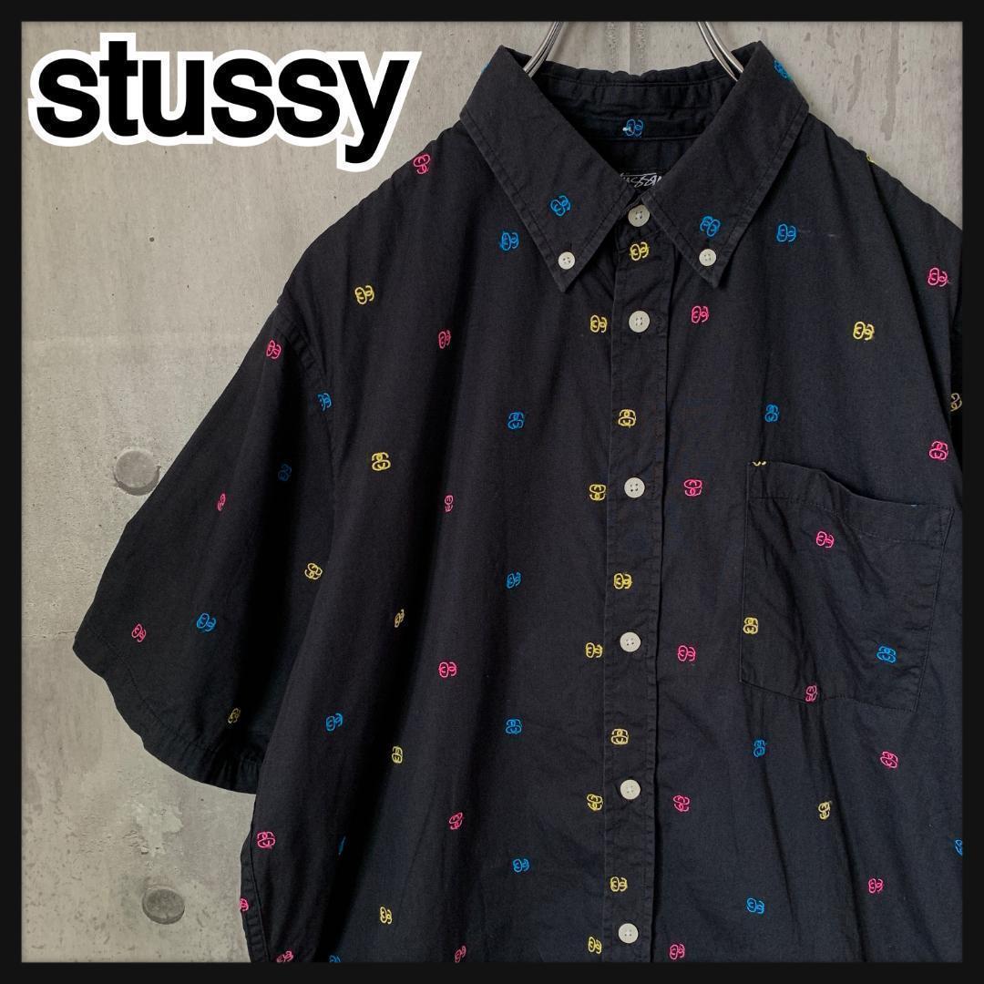282f【人気Lサイズ】ステューシー☆刺繍ロゴ 総柄 SSリンク シャツ