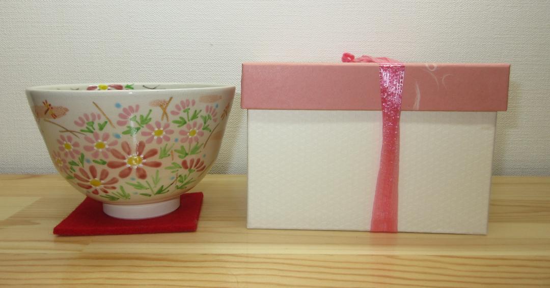 送料込【逢絢亭・新品】茶道具 茶碗 京焼 御本 コスモスの図 田中香泉 紙箱入り