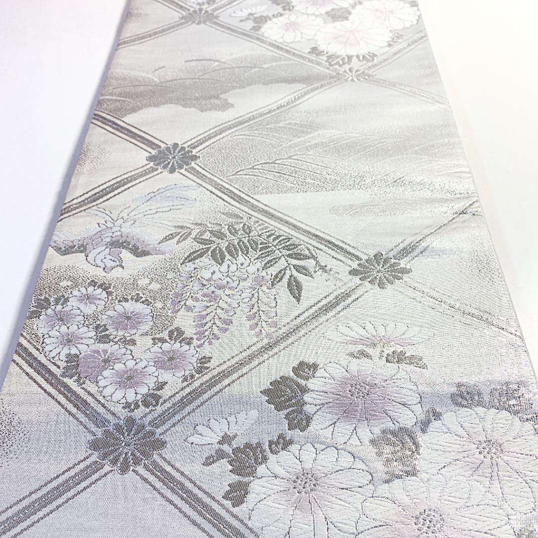 100%新品限定SALE 2m356 袋帯 絹 着物 銀色 白 紫 花柄 和装 q20aL-m93802042276 お得人気