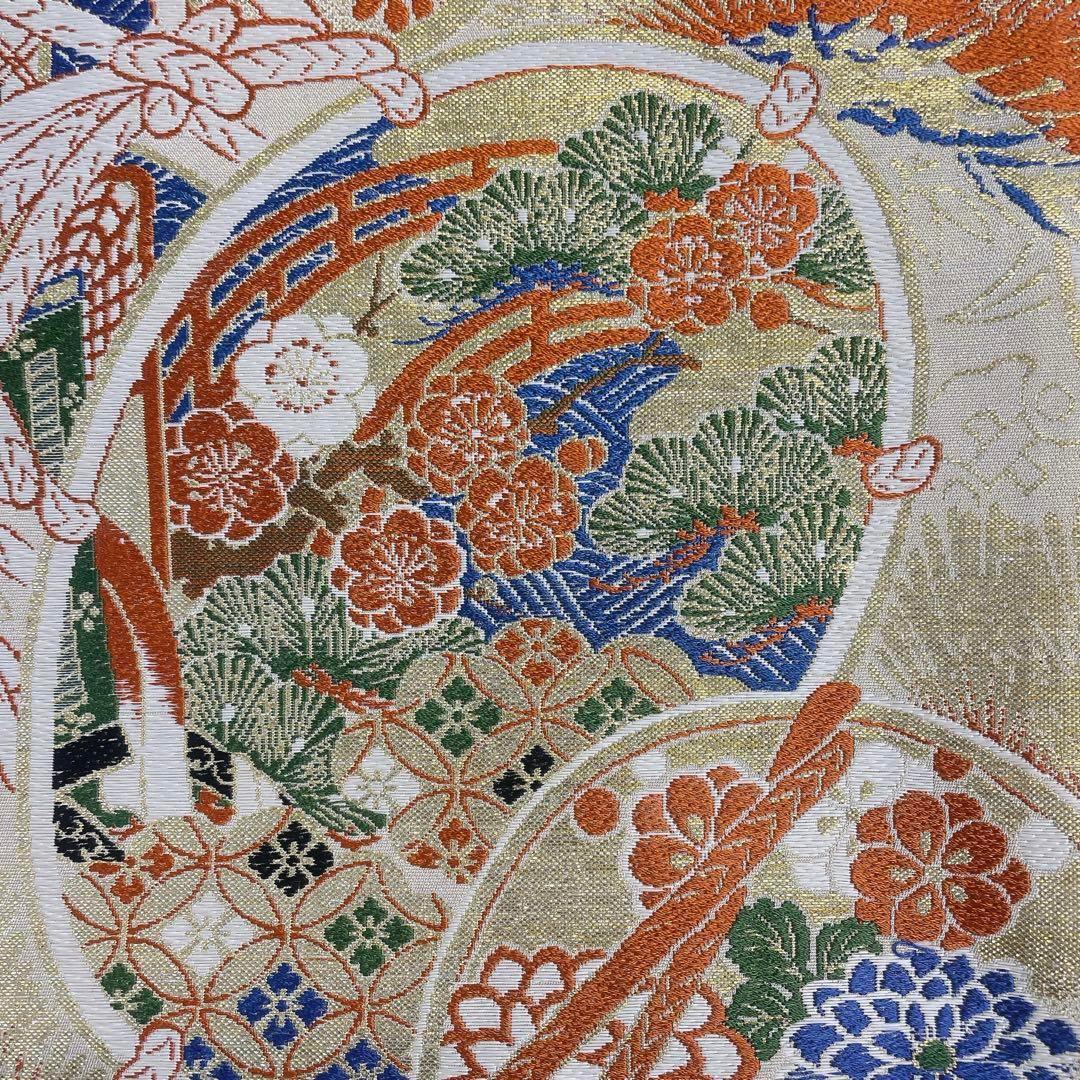袋帯 梅花 松 花菱 亀甲 鼓 鶴 菱形模様 金糸着物 091t レディース