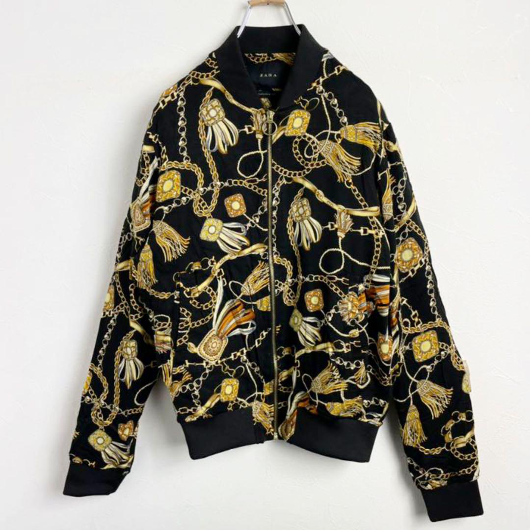 人気 ザラ ZARA バロック柄 総柄 38 黒金 ブルゾン ジャケット