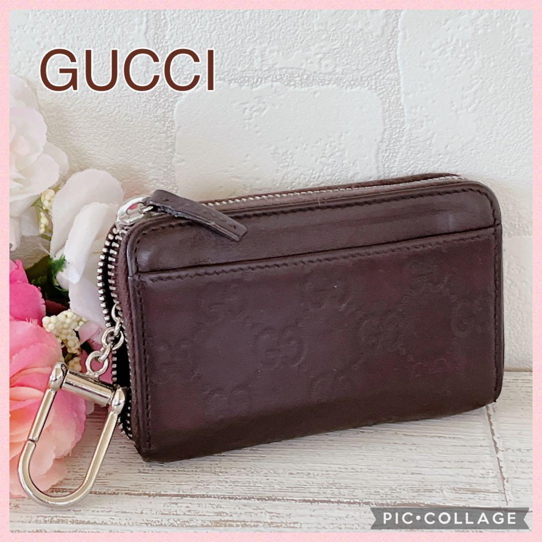 【希少 】GUCCI グッチ GGロゴ シマレザー コインケース ラウンド 茶色