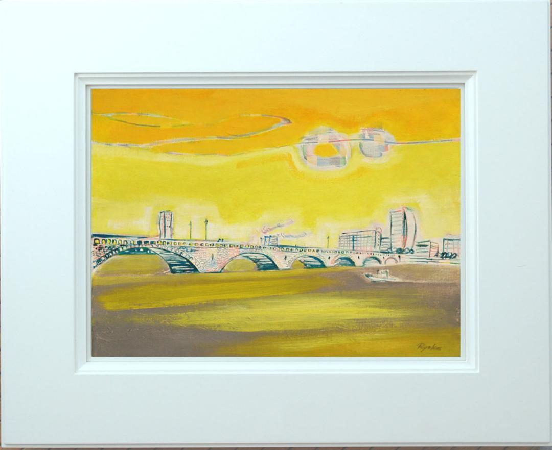 メルカリ 絵　額付( 青緑＋金色の枠)油絵 F4-090214　風景　橋夕陽朝陽