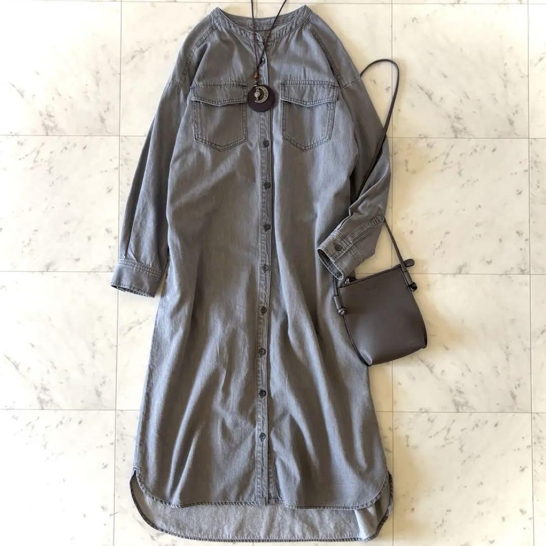 美品　アンタイトル　デニムシャツワンピース　洗える　M グレー　バンドカラー