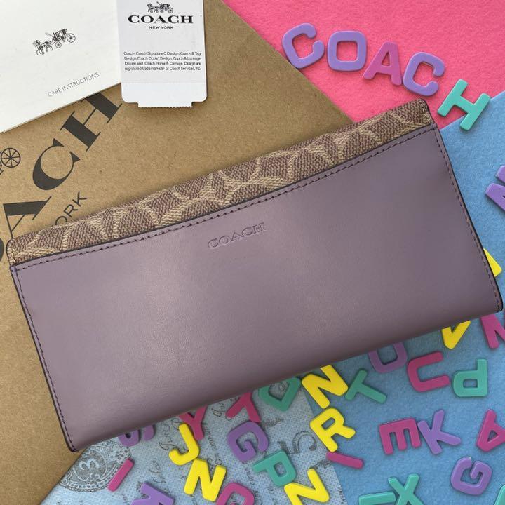 美しい COACH♡コーチ 長財布 フラップ パープル シグネチャー - 長財布 美しい COACH♡コーチ 長財布 フラップ パープル シグネチャー - 長財布