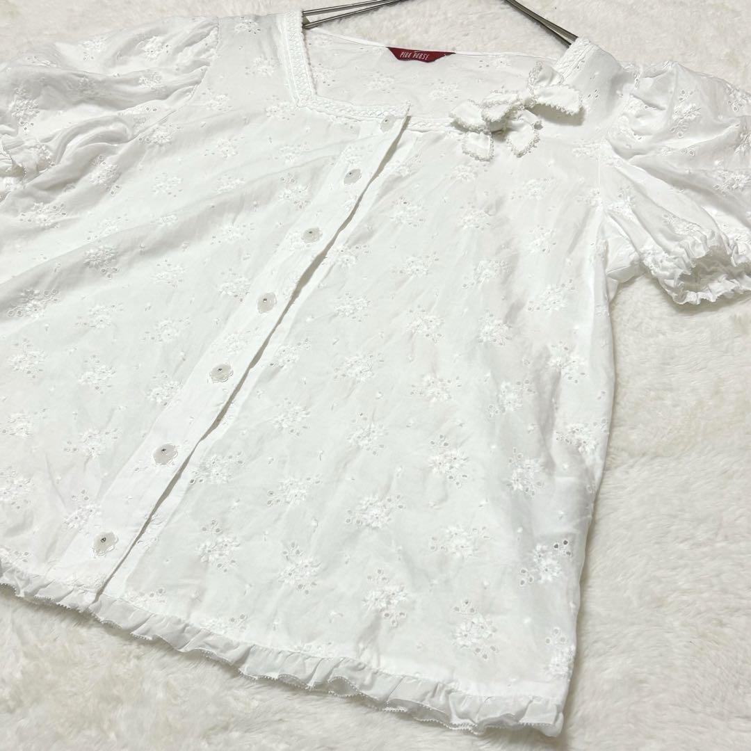 美品♡ピンクハウス　ブラウス　三つ葉と花束　リボン　フリル　レース　きなり 美品♡ピンクハウス ブラウス 三つ葉と花束 リボン フリル