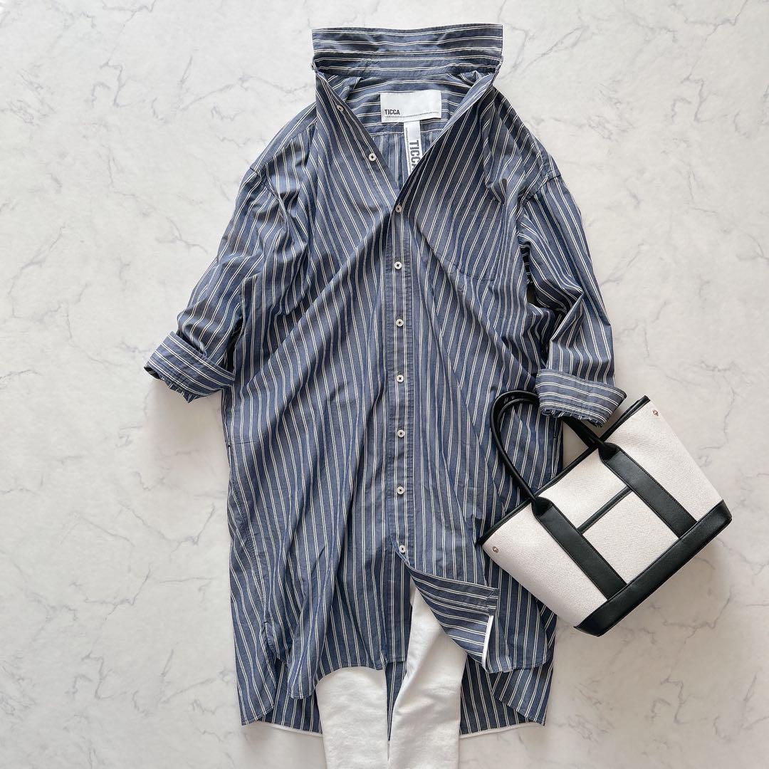 TICCA スクエアビッグロングシャツワンピース　ダブルストライプ