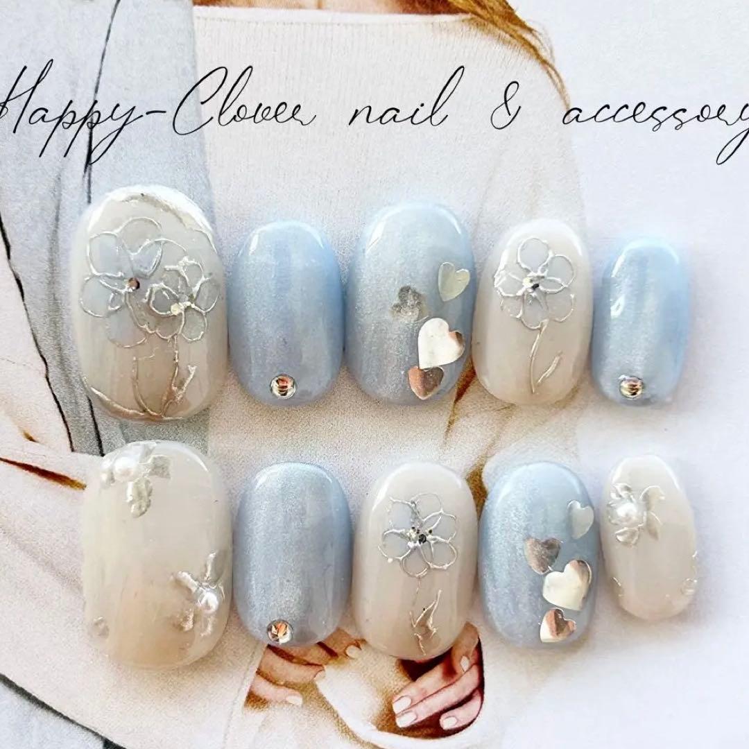 ☆A-526☆ネイルチップ ローズフラワーのマグネットネイル　ブルー