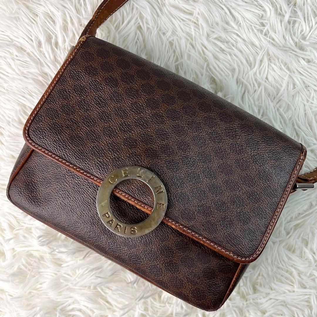 CELINE セリーヌ ショルダーバッグ サークル ロゴ金具 マカダム レザー
