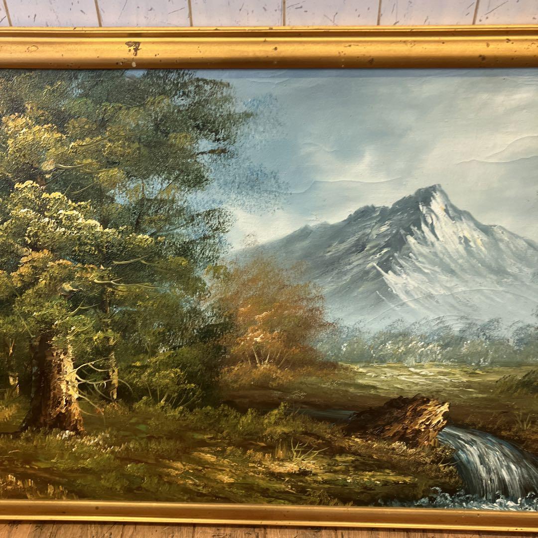 アンティーク 大判 風景画 油彩画 油絵 自然 山 川 木 絵画 額縁 作者不明