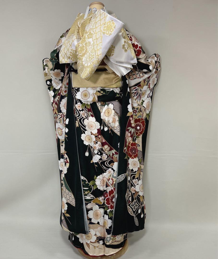 深緑色 熨斗に手毬に桜の可愛らしい古典振袖フルセット くっつけ