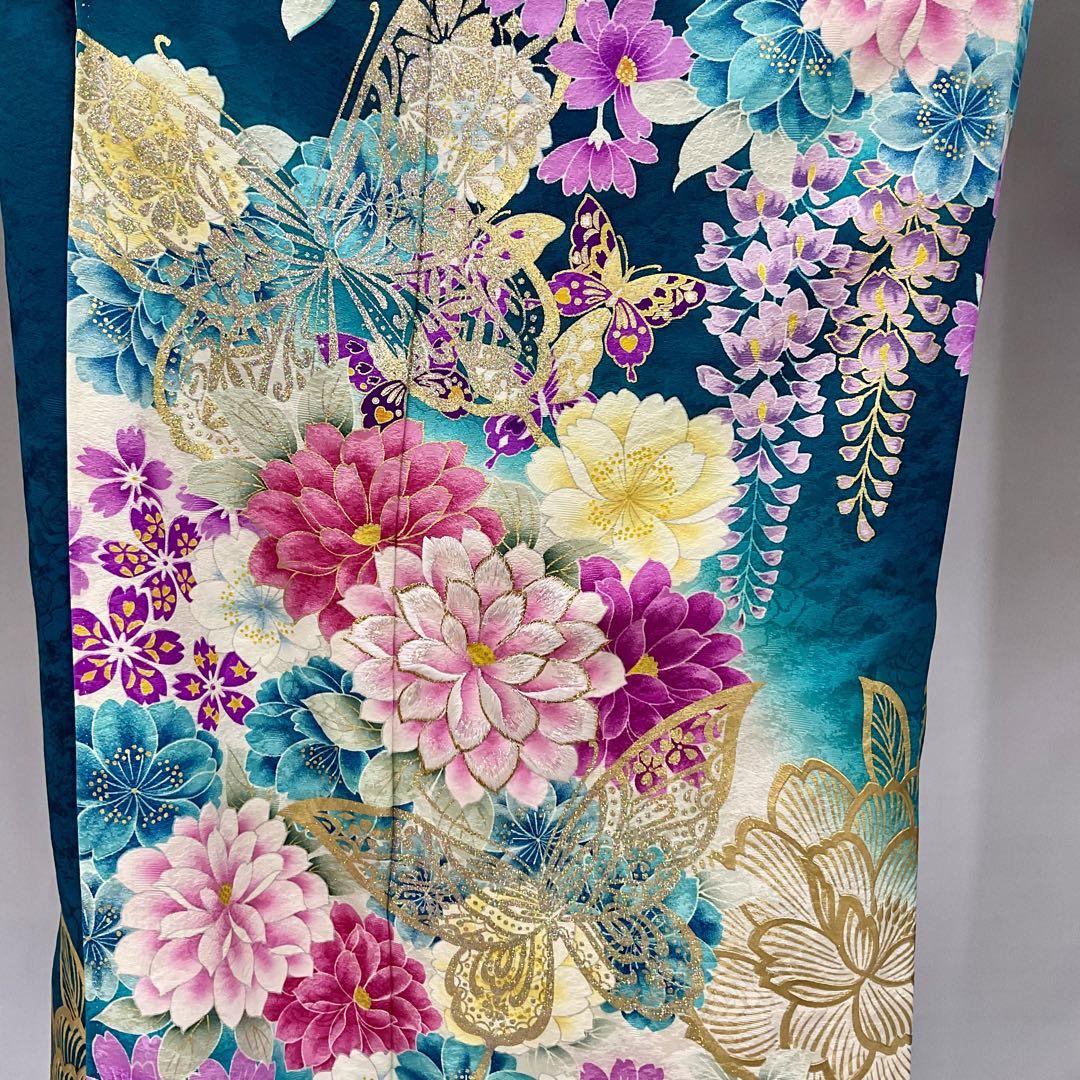 振袖　グリーン系　青緑　牡丹　蝶　桜　藤　刺繍　金彩　No.277
