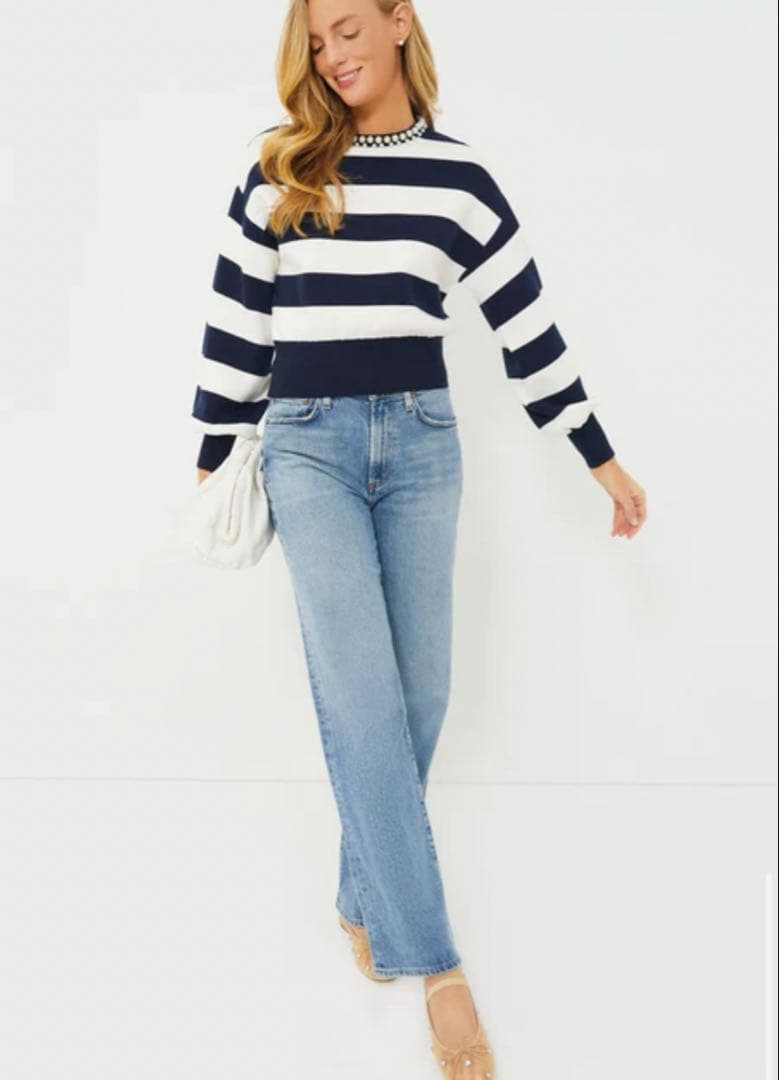 新品タグ付きKATE SPADE ネイビー ストライプ パールニットセーター S 新品タグ付きKATE SPADE ネイビー ストライプ パールニットセーター S