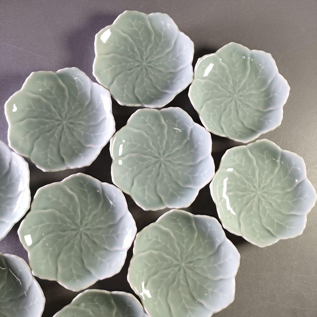 A1128-1/青磁葉形銘々皿10客/小皿/向付/飾皿/菓子皿/懐石道具/