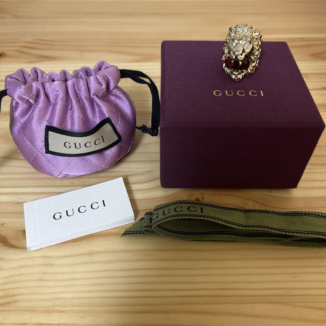 GUCCI グッチ ミケーレ期 ライオンヘッド リング S ゴールド × レッド アクセサリー