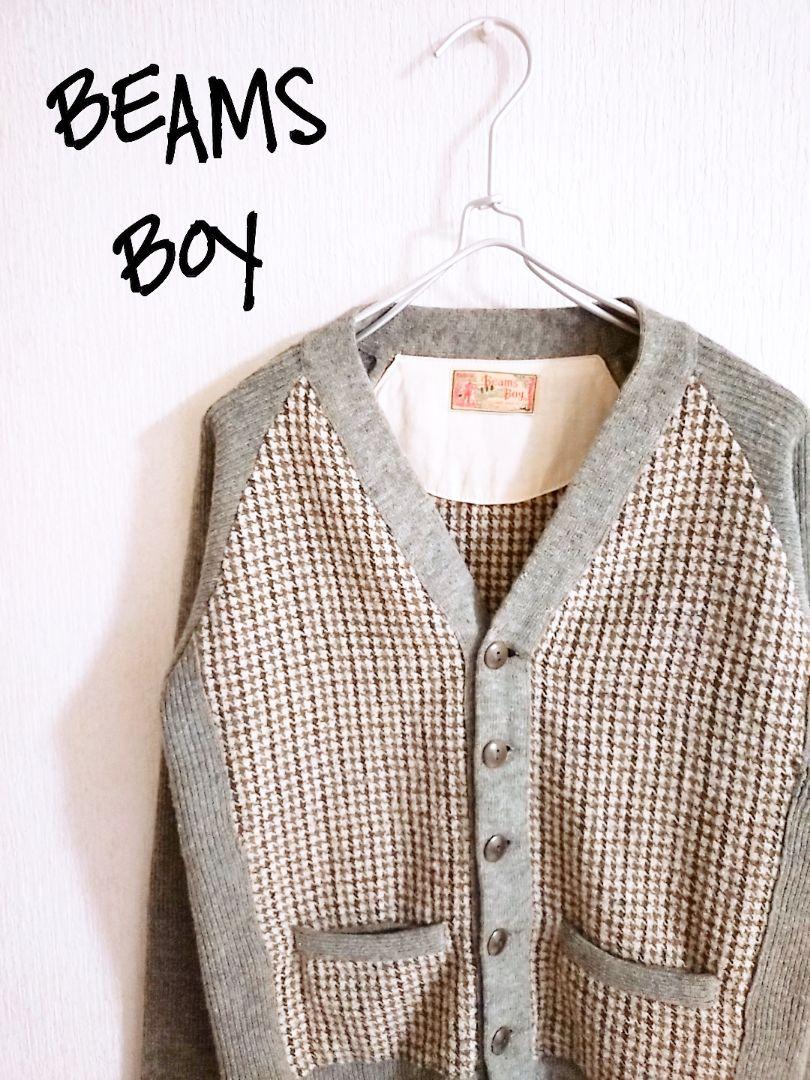 D221951 BEAMS BOY エルボーパッチ 千鳥格子ニットカーディガン
